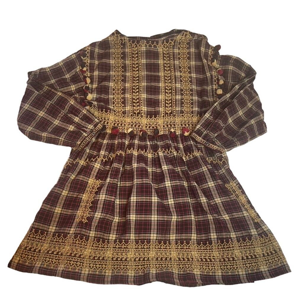 ZARA‎ Red Gold Pom Pom Longsleeve Peephole Plaid Dress Fall Extra Small XS